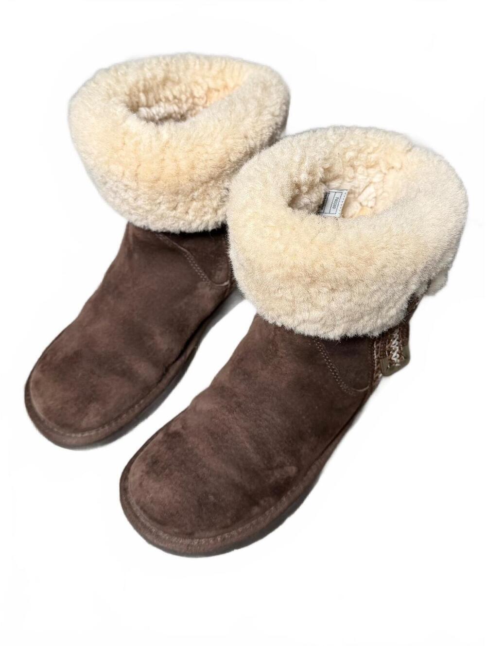 UGG Metro Tas Brown Suede Shearling Lined Ankle Boot Embroidered Cuff Fold